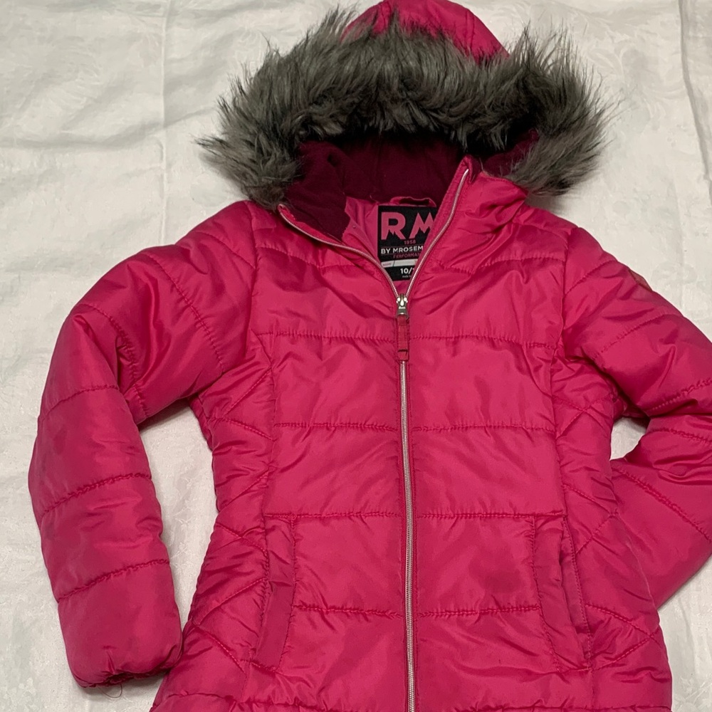 Kids Pink Puffer Coat with Faux Fur Trim